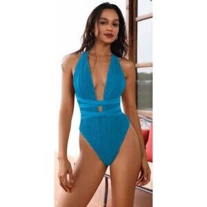 ZAFUL Women's One Piece Swimsuit Deep V Neck Ribbed Self Tie Crisscross Back L